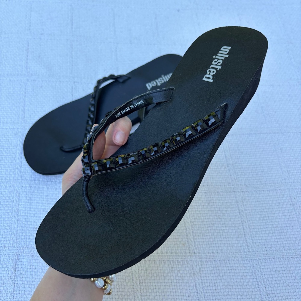 Women's 9.5 UNLISTED Y2K Black Bling Studded Wedge Thong Flip Flop Sandals
